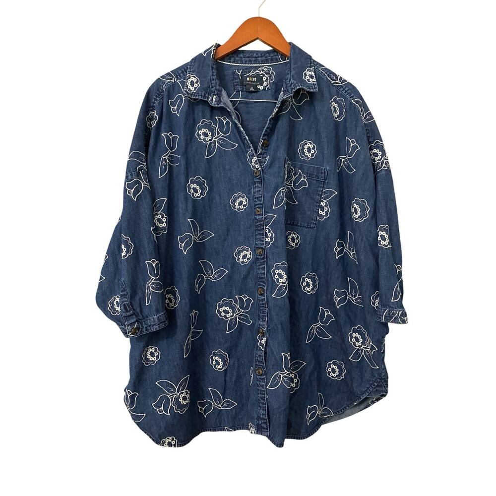 Maeve Anthropologie Oversized Denim Button Up Shirt 1X Embroidered Floral Cotton - Picture 5 of 14